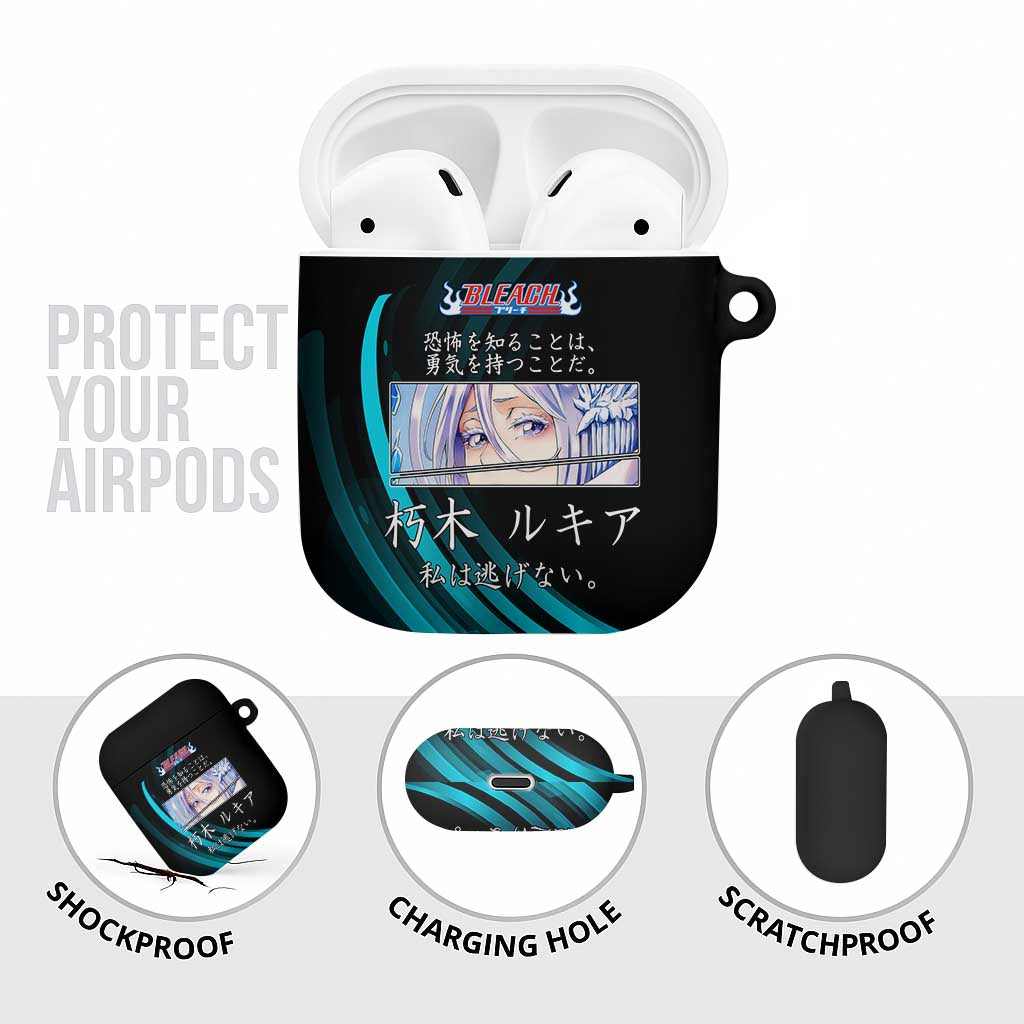 Rukia Kuchiki Bleach Anime Black and Teal Theme AirPods Case with Zanpakuto Pose and Japanese Quote Design - The Mazicc