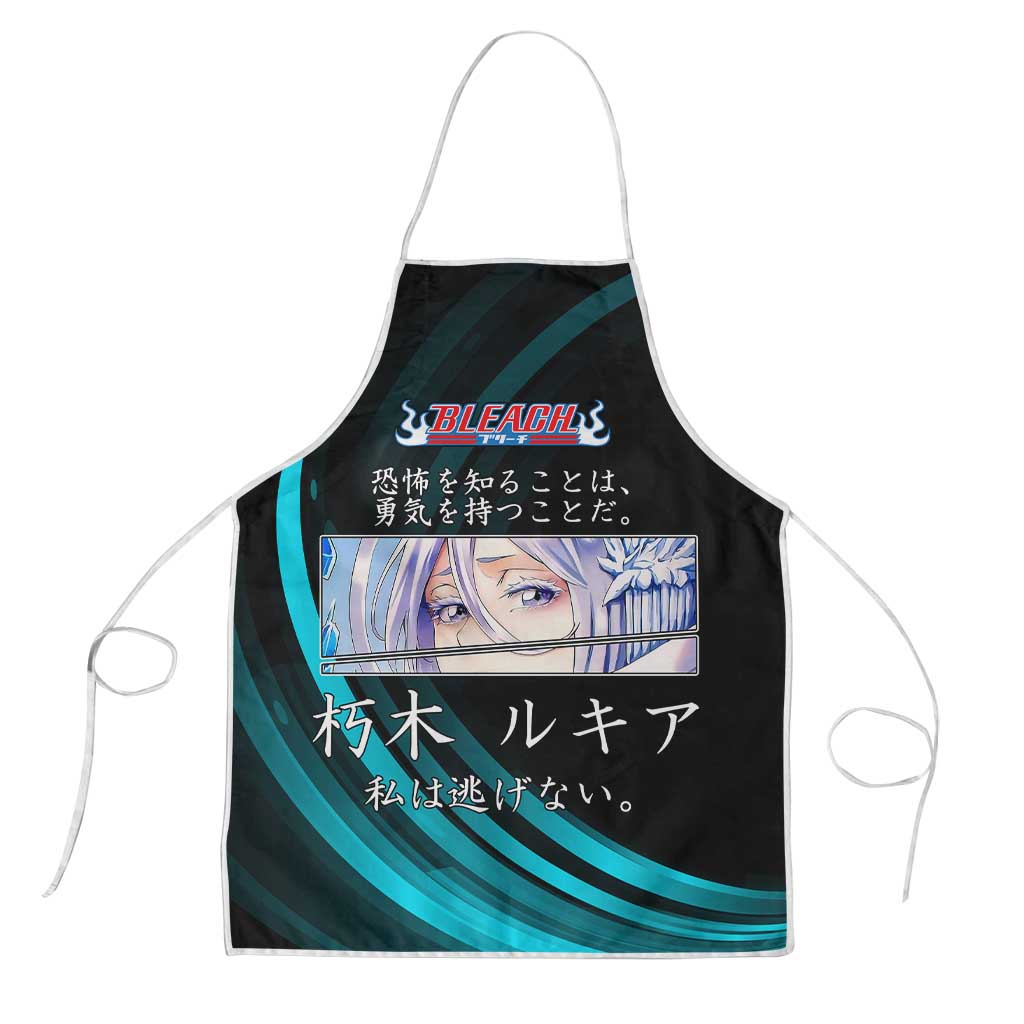 Rukia Kuchiki Bleach Anime Black and Teal Theme Apron with Zanpakuto Pose and Japanese Quote Design - The Mazicc