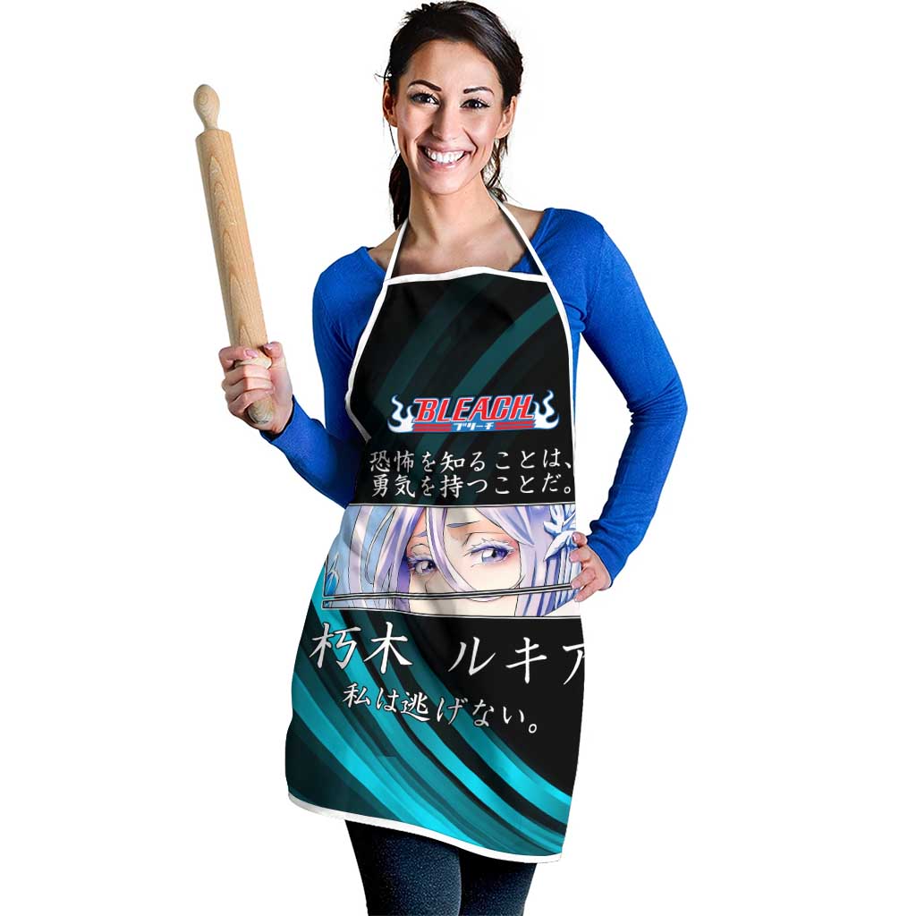 Rukia Kuchiki Bleach Anime Black and Teal Theme Apron with Zanpakuto Pose and Japanese Quote Design - The Mazicc