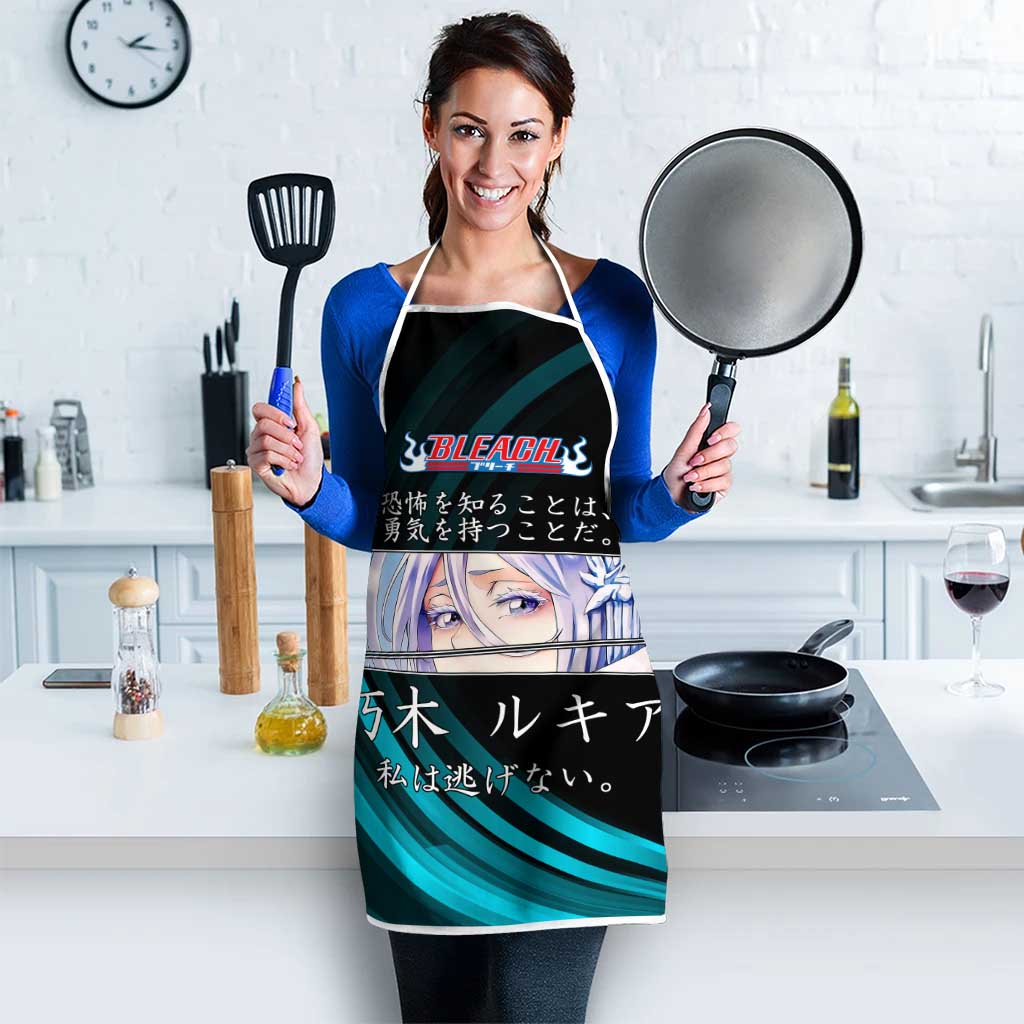 Rukia Kuchiki Bleach Anime Black and Teal Theme Apron with Zanpakuto Pose and Japanese Quote Design - The Mazicc