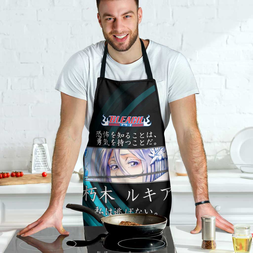 Rukia Kuchiki Bleach Anime Black and Teal Theme Apron with Zanpakuto Pose and Japanese Quote Design - The Mazicc
