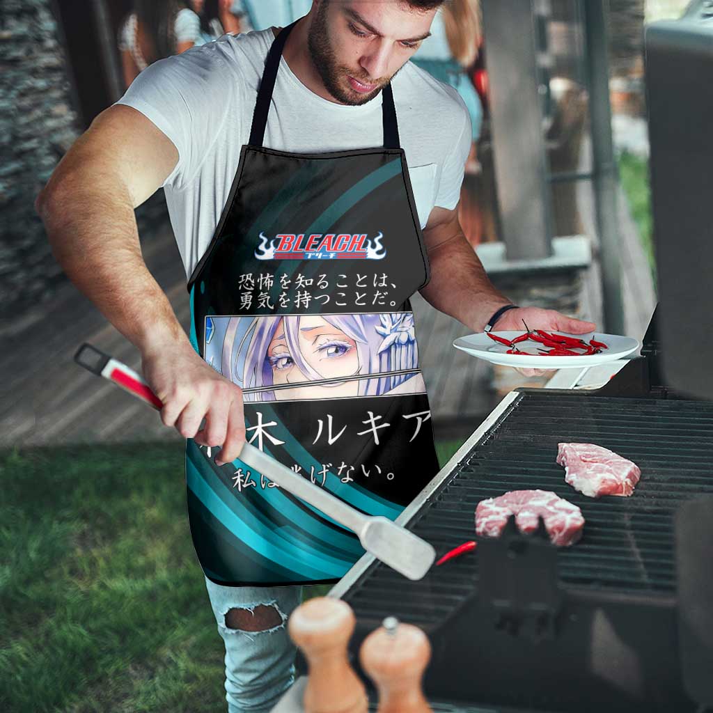 Rukia Kuchiki Bleach Anime Black and Teal Theme Apron with Zanpakuto Pose and Japanese Quote Design - The Mazicc