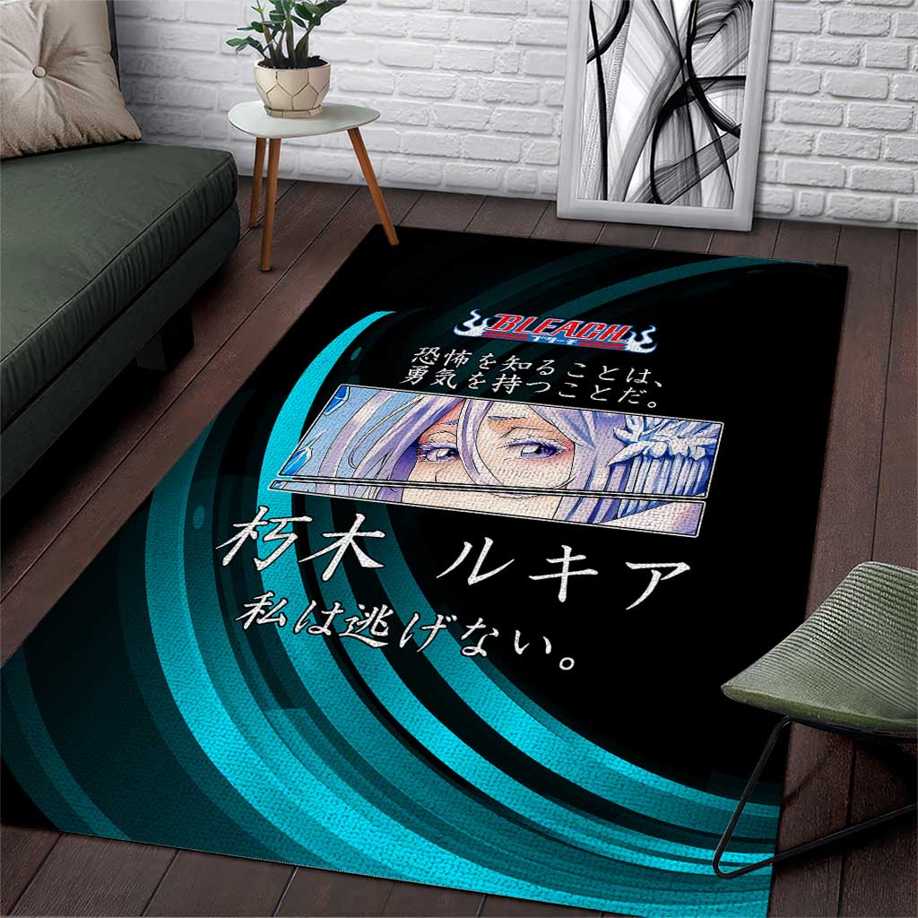 Rukia Kuchiki Bleach Anime Black and Teal Theme Area Rug with Zanpakuto Pose and Japanese Quote Design - The Mazicc