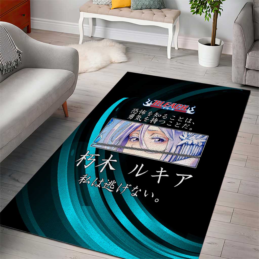 Rukia Kuchiki Bleach Anime Black and Teal Theme Area Rug with Zanpakuto Pose and Japanese Quote Design - The Mazicc