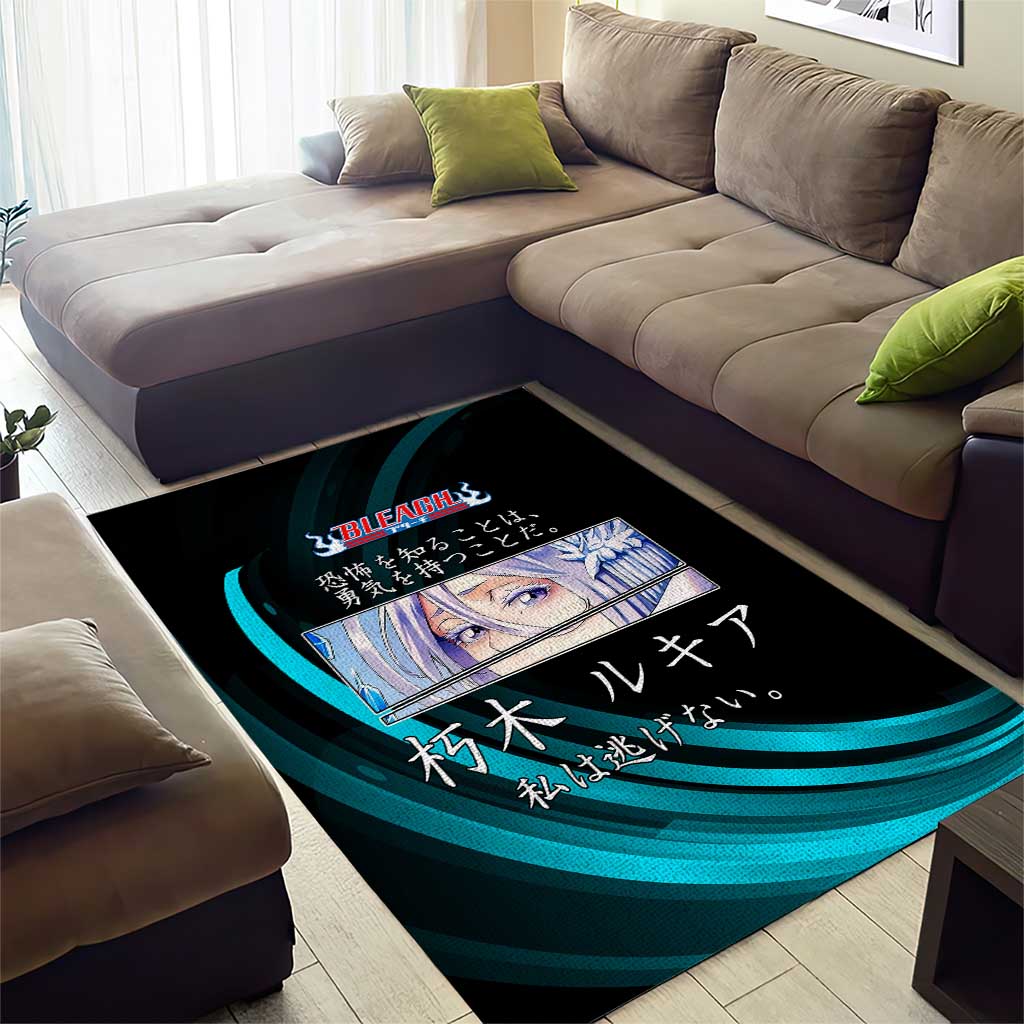 Rukia Kuchiki Bleach Anime Black and Teal Theme Area Rug with Zanpakuto Pose and Japanese Quote Design - The Mazicc