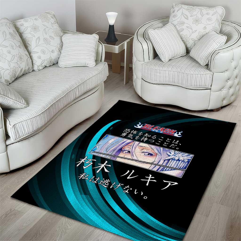 Rukia Kuchiki Bleach Anime Black and Teal Theme Area Rug with Zanpakuto Pose and Japanese Quote Design - The Mazicc
