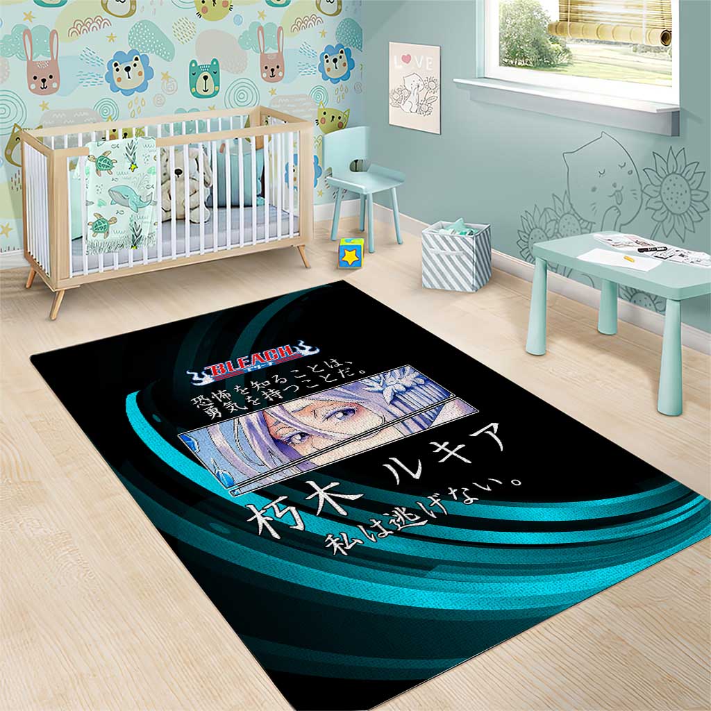 Rukia Kuchiki Bleach Anime Black and Teal Theme Area Rug with Zanpakuto Pose and Japanese Quote Design - The Mazicc
