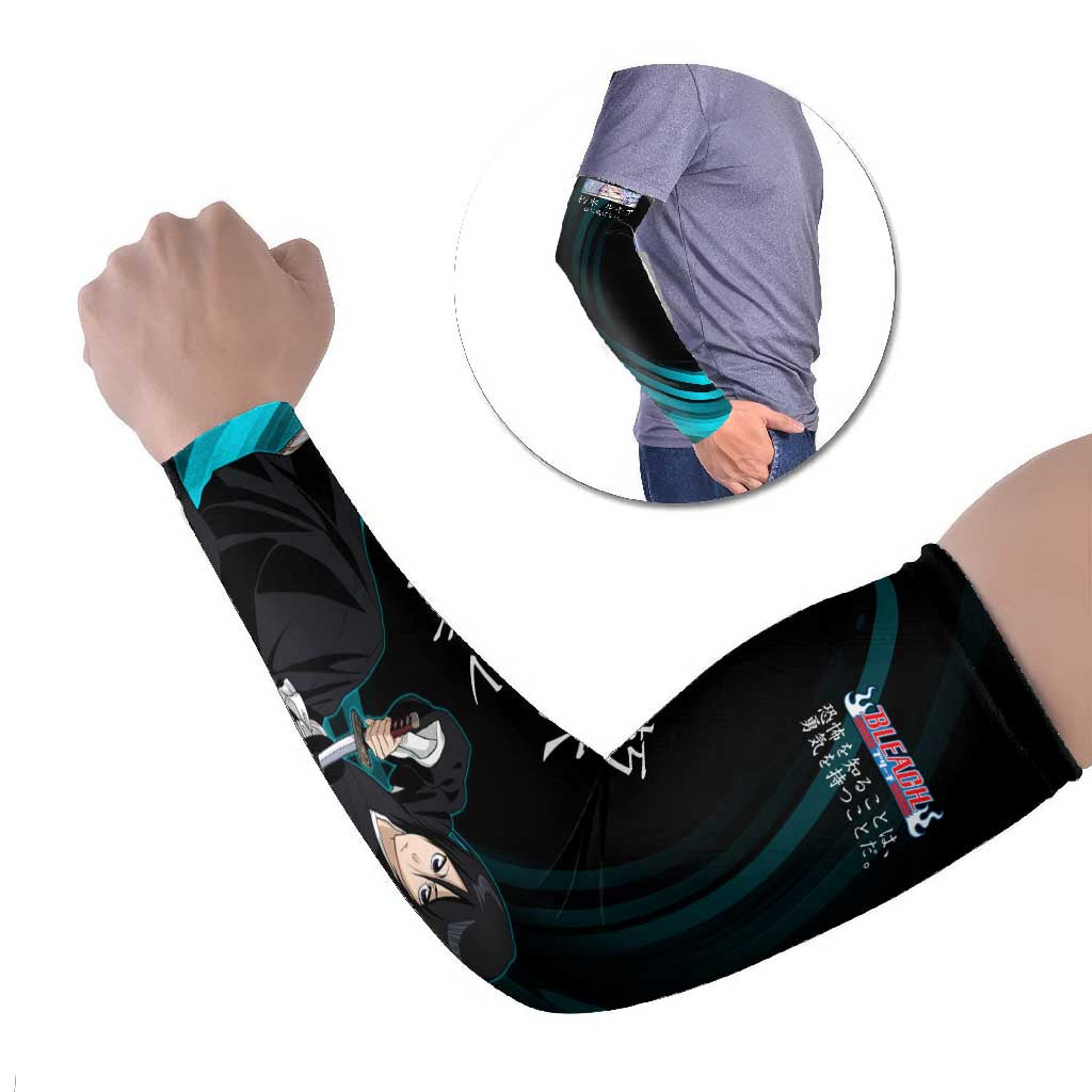 Rukia Kuchiki Bleach Anime Black and Teal Theme Arm Sleeves with Zanpakuto Pose and Japanese Quote Design - The Mazicc