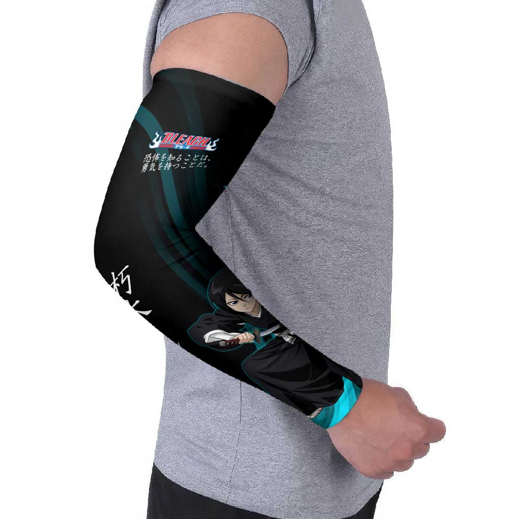 Rukia Kuchiki Bleach Anime Black and Teal Theme Arm Sleeves with Zanpakuto Pose and Japanese Quote Design - The Mazicc