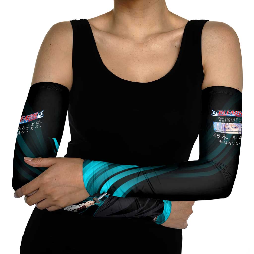 Rukia Kuchiki Bleach Anime Black and Teal Theme Arm Sleeves with Zanpakuto Pose and Japanese Quote Design - The Mazicc