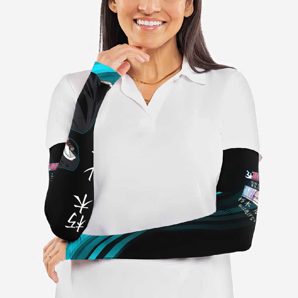 Rukia Kuchiki Bleach Anime Black and Teal Theme Arm Sleeves with Zanpakuto Pose and Japanese Quote Design - The Mazicc