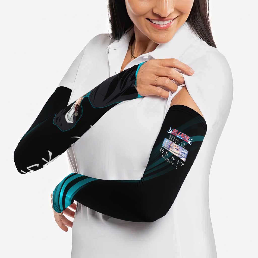 Rukia Kuchiki Bleach Anime Black and Teal Theme Arm Sleeves with Zanpakuto Pose and Japanese Quote Design - The Mazicc