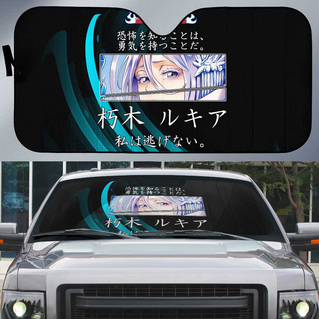 Rukia Kuchiki Bleach Anime Black and Teal Theme Auto Sun Shade with Zanpakuto Pose and Japanese Quote Design - The Mazicc