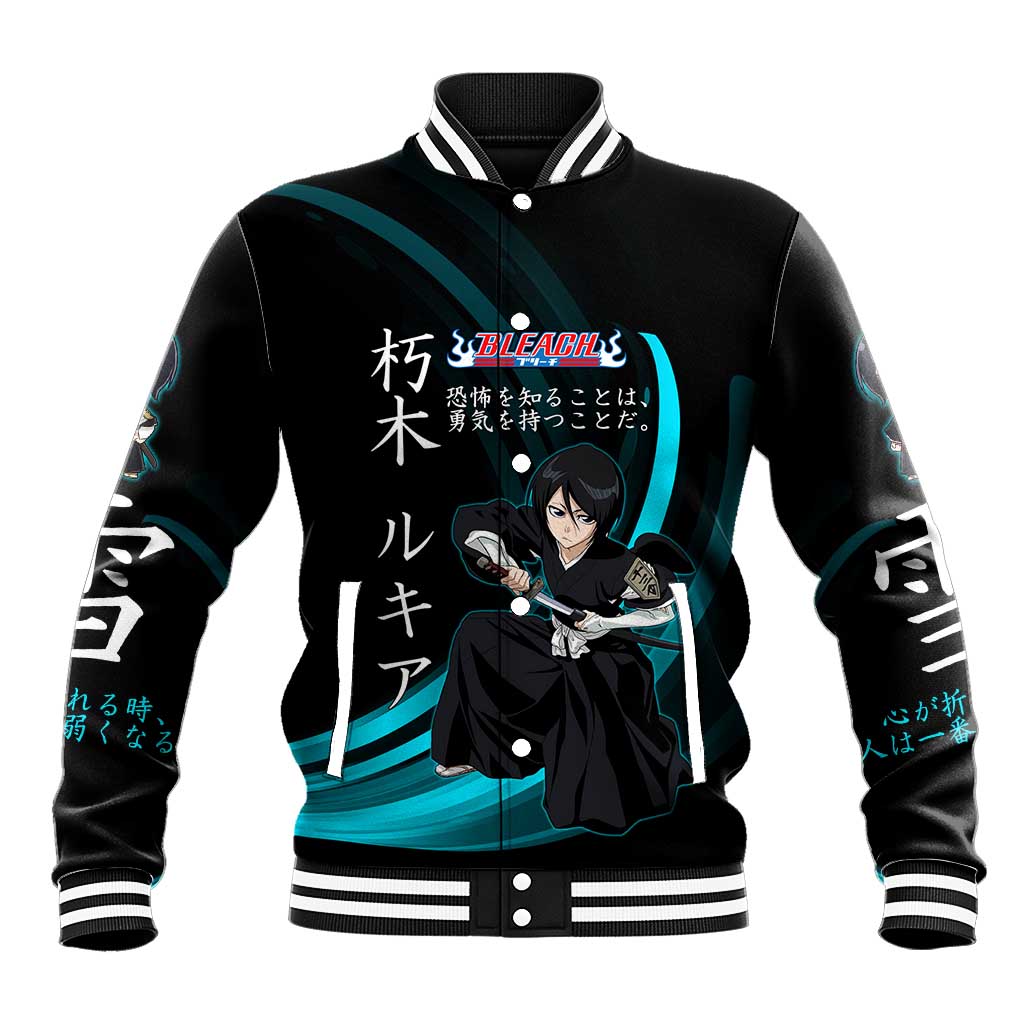 Rukia Kuchiki Bleach Anime Black and Teal Theme Baseball Jacket with Zanpakuto Pose and Japanese Quote Design - The Mazicc