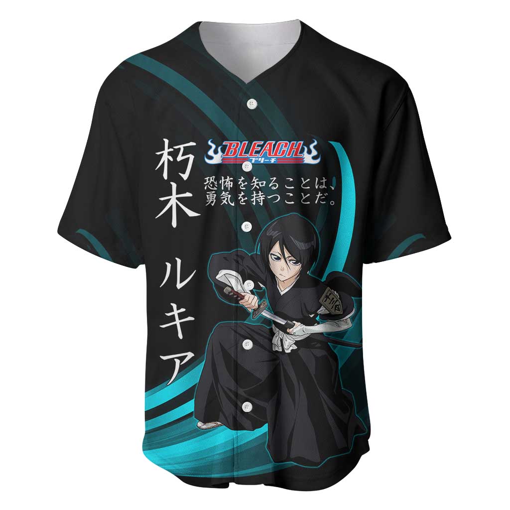 Rukia Kuchiki Bleach Anime Black and Teal Theme Baseball Jersey with Zanpakuto Pose and Japanese Quote Design - The Mazicc