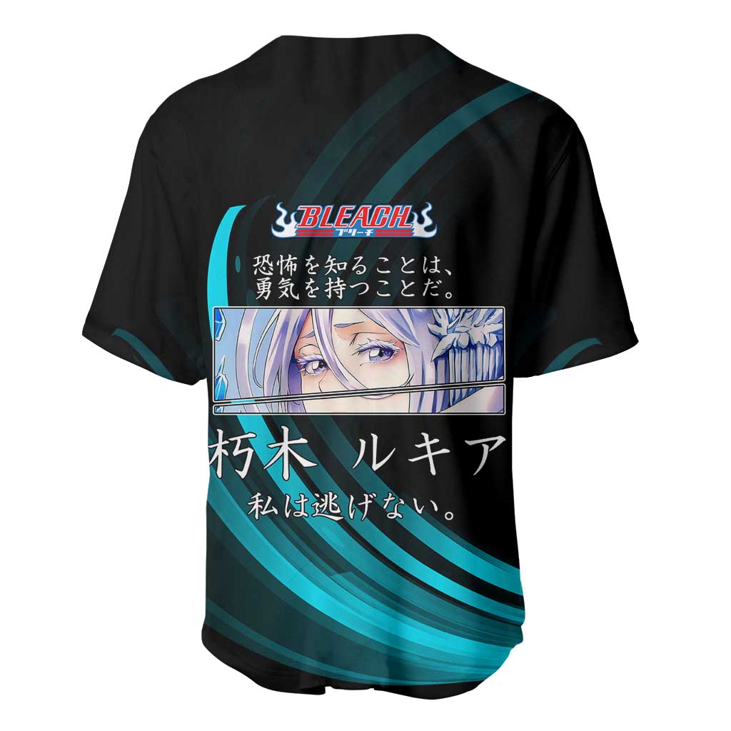 Rukia Kuchiki Bleach Anime Black and Teal Theme Baseball Jersey with Zanpakuto Pose and Japanese Quote Design - The Mazicc