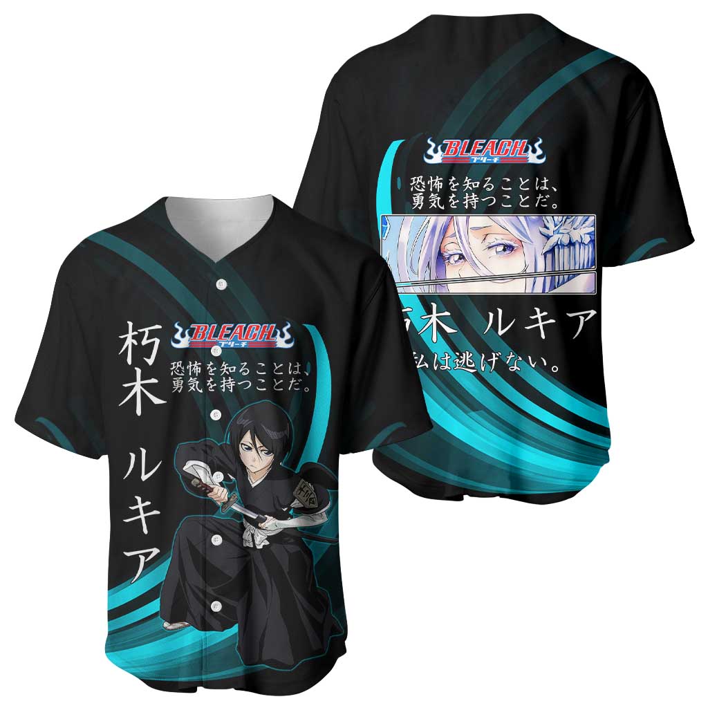 Rukia Kuchiki Bleach Anime Black and Teal Theme Baseball Jersey with Zanpakuto Pose and Japanese Quote Design - The Mazicc