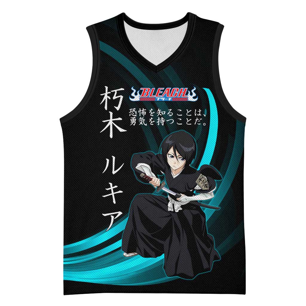 Rukia Kuchiki Bleach Anime Black and Teal Theme Basketball Jersey with Zanpakuto Pose and Japanese Quote Design - The Mazicc