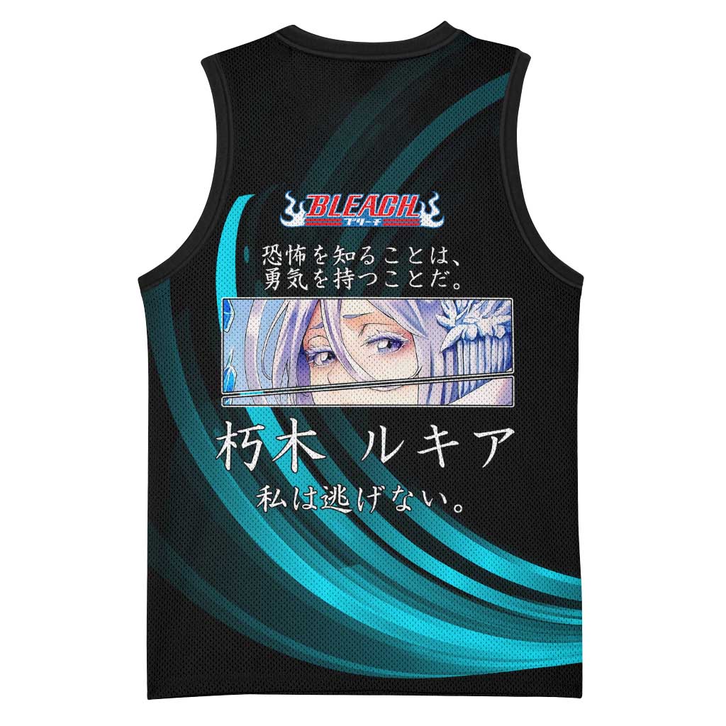 Rukia Kuchiki Bleach Anime Black and Teal Theme Basketball Jersey with Zanpakuto Pose and Japanese Quote Design - The Mazicc