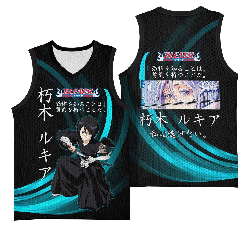 Rukia Kuchiki Bleach Anime Black and Teal Theme Basketball Jersey with Zanpakuto Pose and Japanese Quote Design - The Mazicc