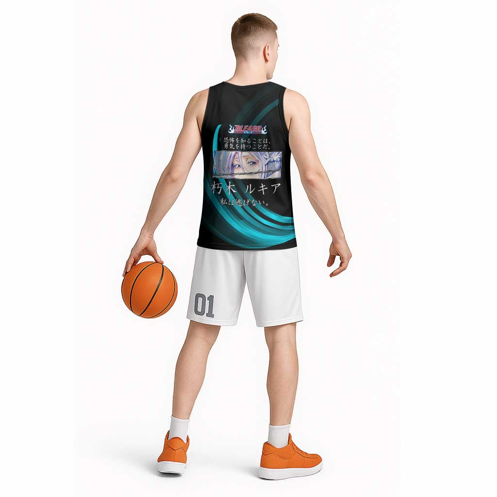 Rukia Kuchiki Bleach Anime Black and Teal Theme Basketball Jersey with Zanpakuto Pose and Japanese Quote Design - The Mazicc