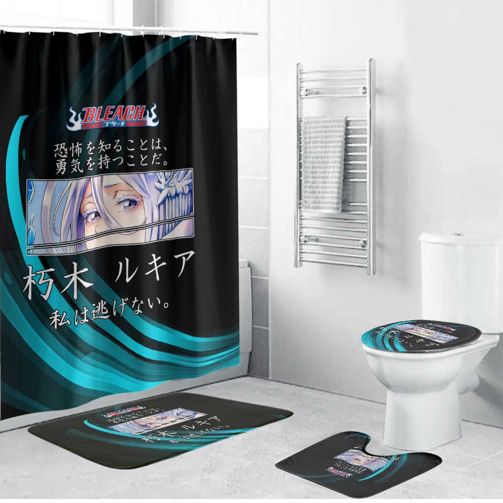 Rukia Kuchiki Bleach Anime Black and Teal Theme Bathroom Set with Zanpakuto Pose and Japanese Quote Design - The Mazicc