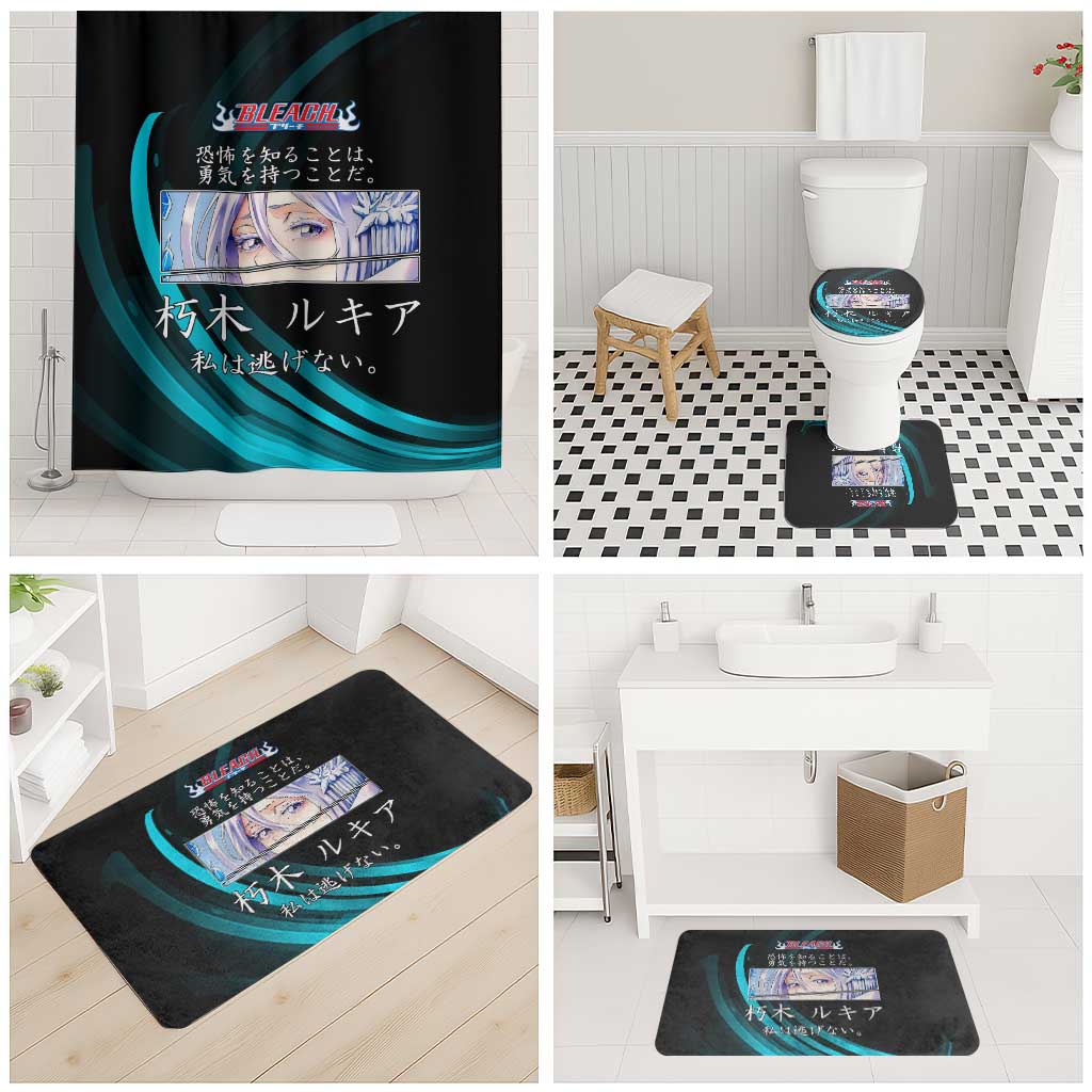 Rukia Kuchiki Bleach Anime Black and Teal Theme Bathroom Set with Zanpakuto Pose and Japanese Quote Design - The Mazicc
