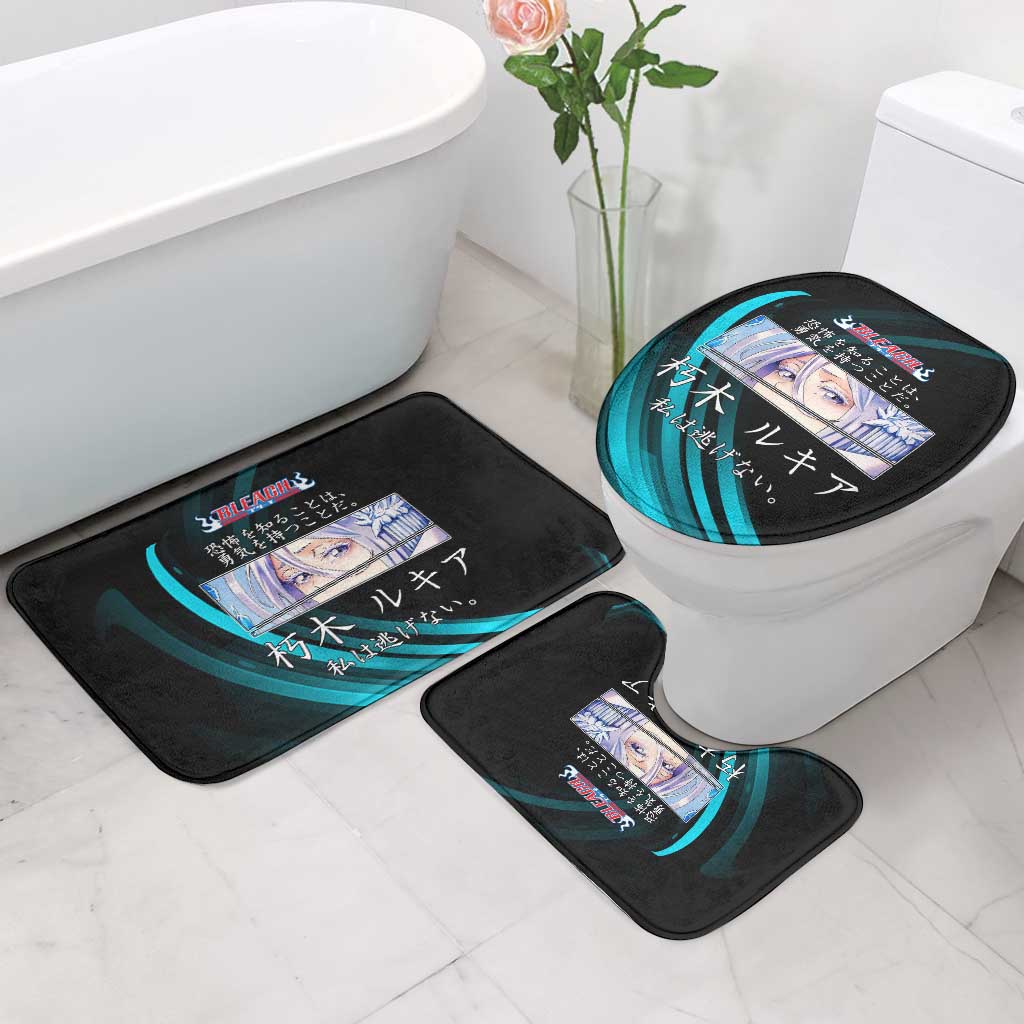 Rukia Kuchiki Bleach Anime Black and Teal Theme Bathroom Set with Zanpakuto Pose and Japanese Quote Design - The Mazicc