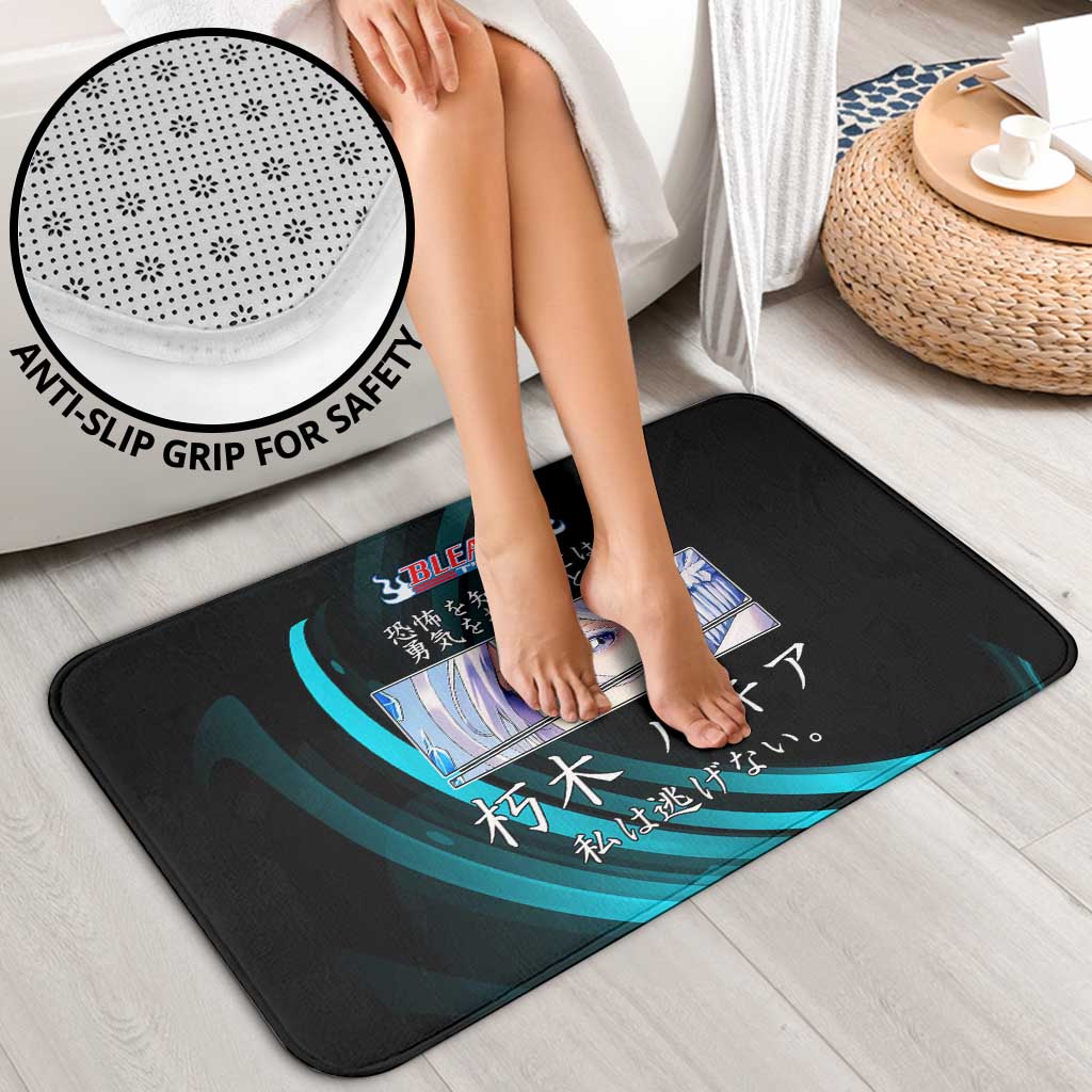 Rukia Kuchiki Bleach Anime Black and Teal Theme Bathroom Set with Zanpakuto Pose and Japanese Quote Design - The Mazicc
