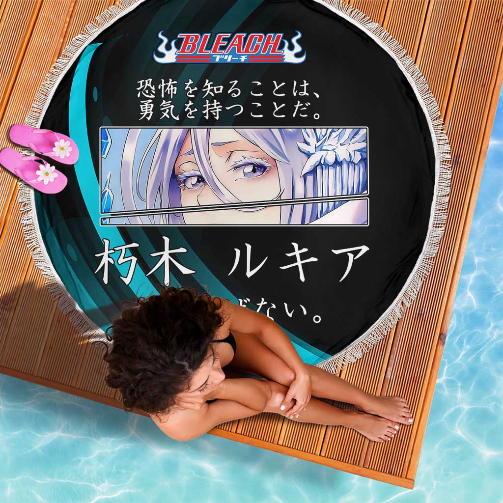 Rukia Kuchiki Bleach Anime Black and Teal Theme Beach Blanket with Zanpakuto Pose and Japanese Quote Design - The Mazicc