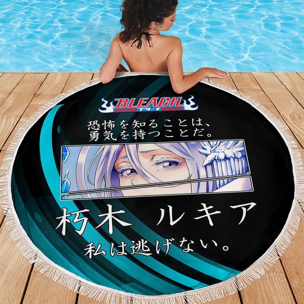 Rukia Kuchiki Bleach Anime Black and Teal Theme Beach Blanket with Zanpakuto Pose and Japanese Quote Design - The Mazicc