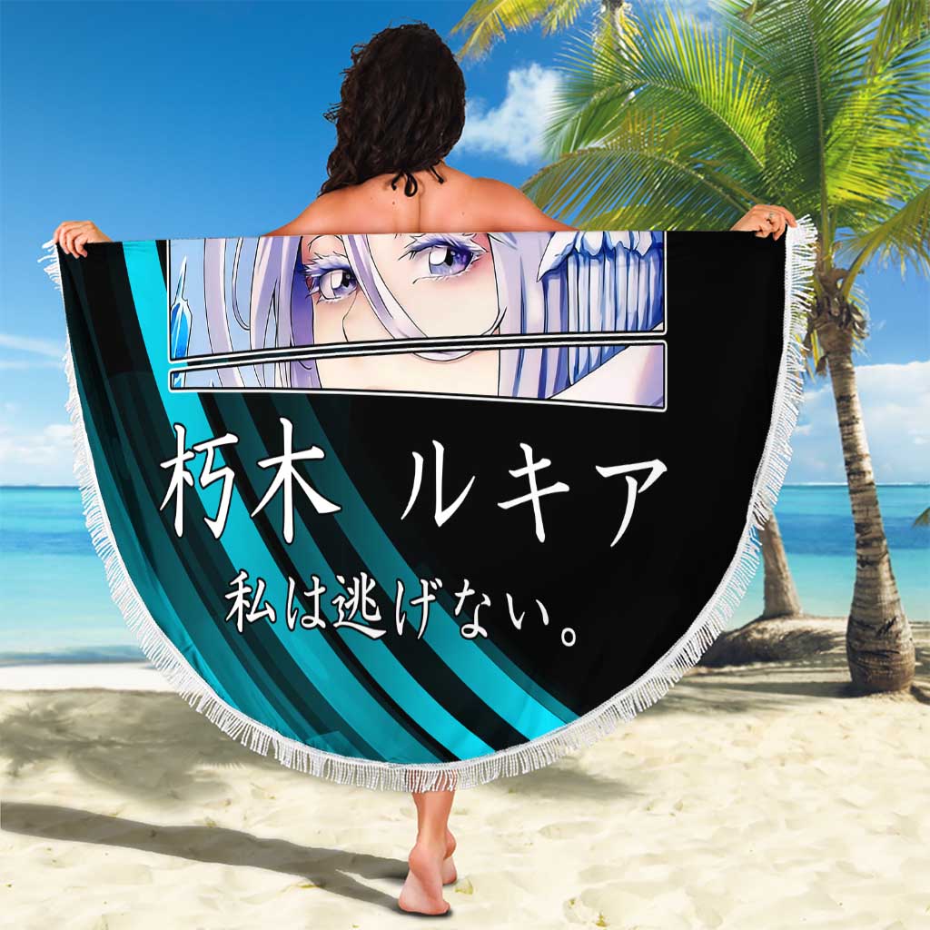 Rukia Kuchiki Bleach Anime Black and Teal Theme Beach Blanket with Zanpakuto Pose and Japanese Quote Design - The Mazicc