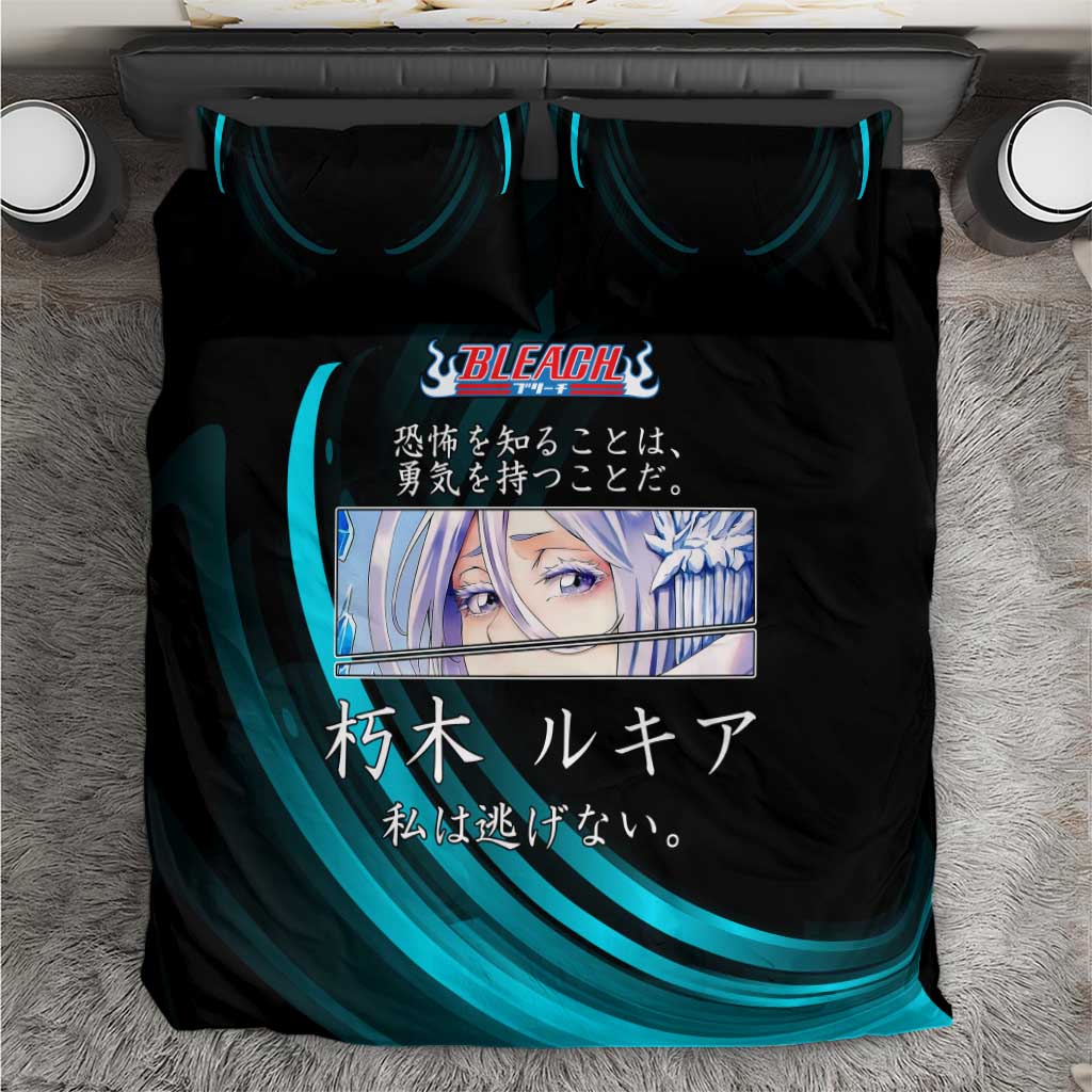 Rukia Kuchiki Bleach Anime Black and Teal Theme Bedding Set with Zanpakuto Pose and Japanese Quote Design - The Mazicc
