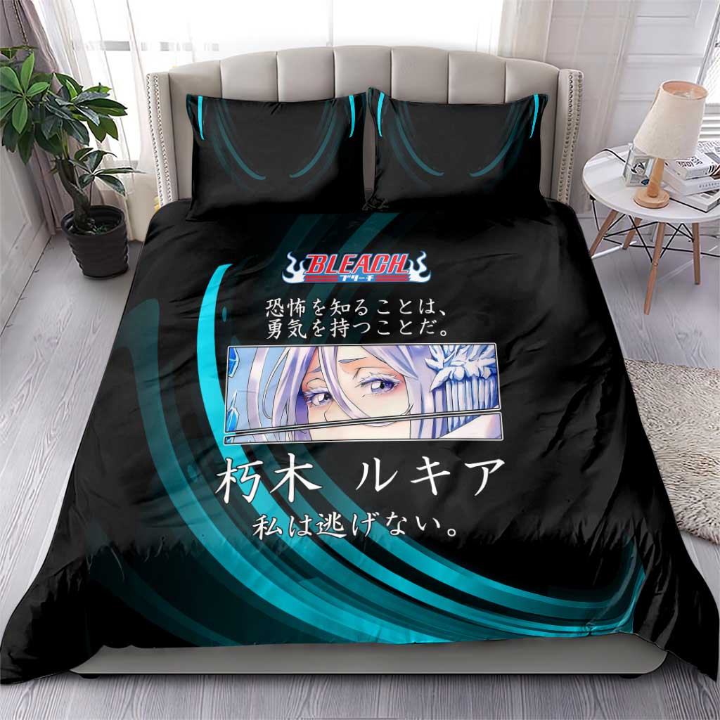 Rukia Kuchiki Bleach Anime Black and Teal Theme Bedding Set with Zanpakuto Pose and Japanese Quote Design - The Mazicc