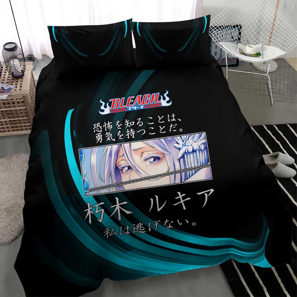 Rukia Kuchiki Bleach Anime Black and Teal Theme Bedding Set with Zanpakuto Pose and Japanese Quote Design - The Mazicc