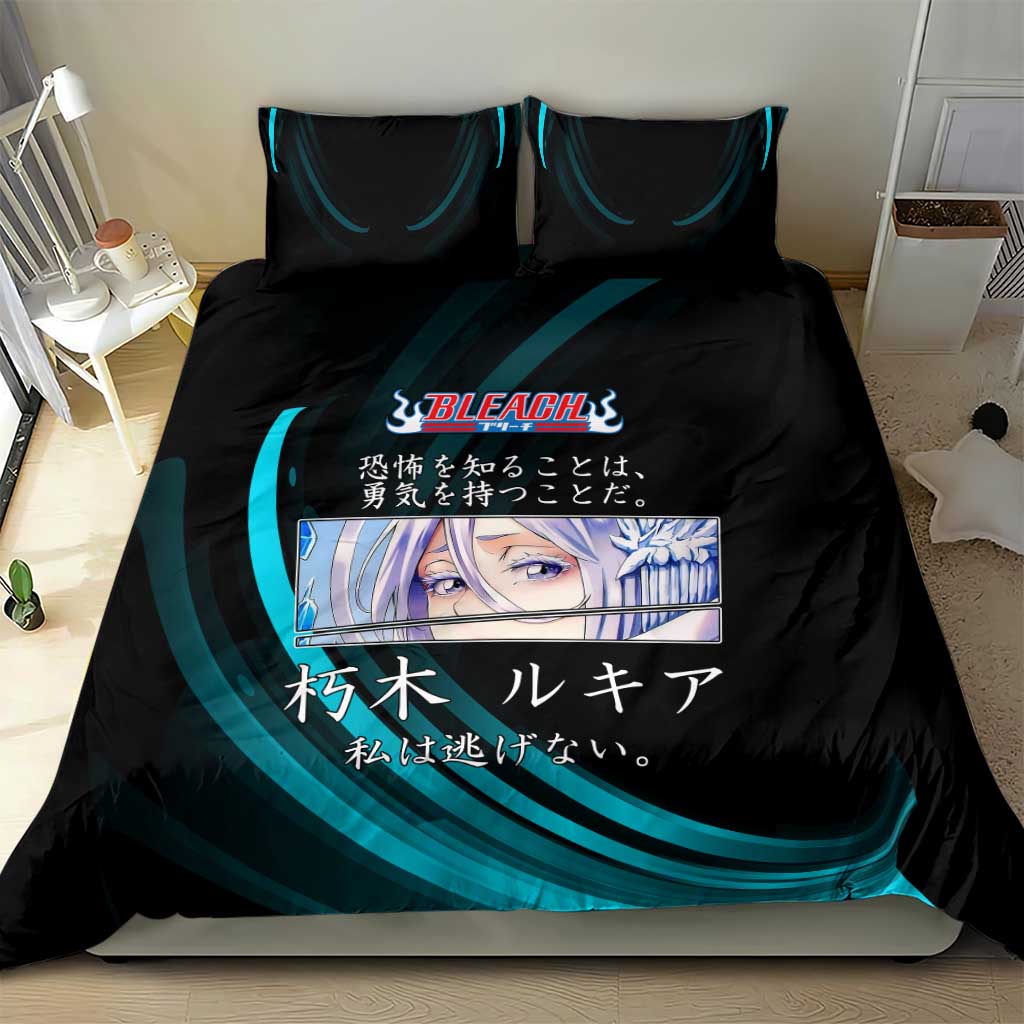 Rukia Kuchiki Bleach Anime Black and Teal Theme Bedding Set with Zanpakuto Pose and Japanese Quote Design - The Mazicc