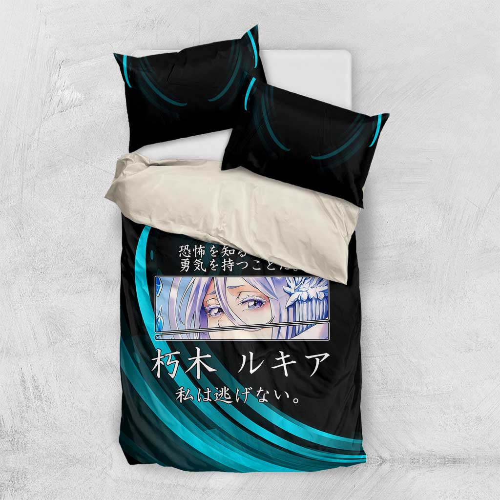 Rukia Kuchiki Bleach Anime Black and Teal Theme Bedding Set with Zanpakuto Pose and Japanese Quote Design - The Mazicc