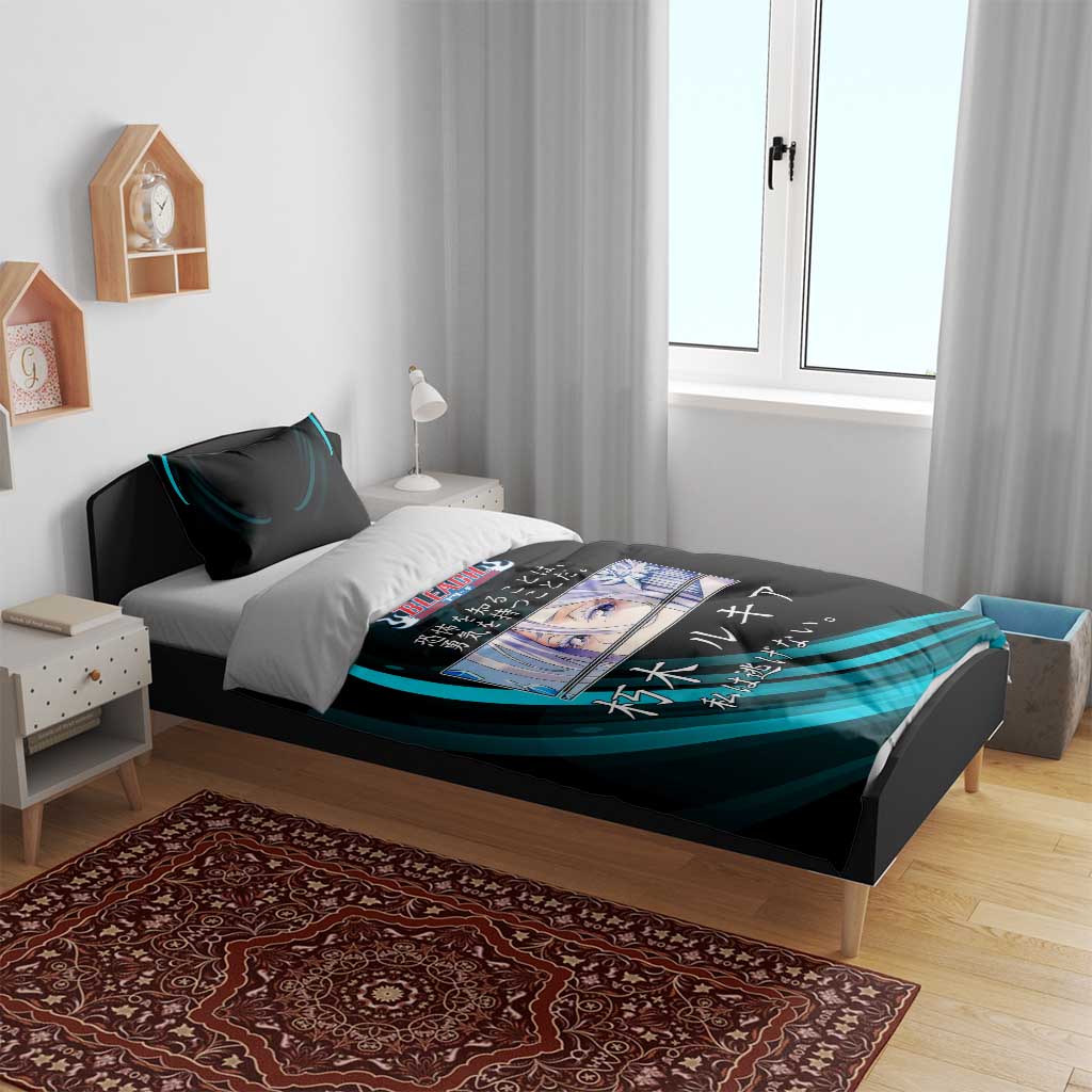 Rukia Kuchiki Bleach Anime Black and Teal Theme Bedding Set with Zanpakuto Pose and Japanese Quote Design - The Mazicc