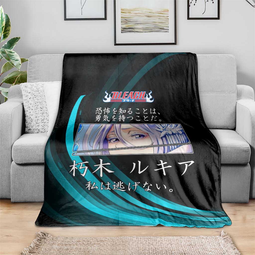 Rukia Kuchiki Bleach Anime Black and Teal Theme Blanket with Zanpakuto Pose and Japanese Quote Design - The Mazicc
