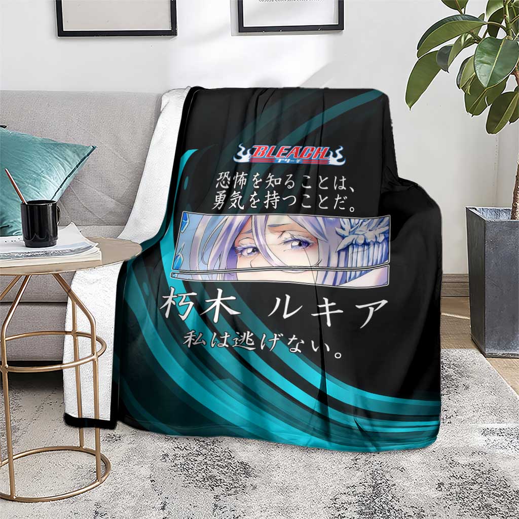 Rukia Kuchiki Bleach Anime Black and Teal Theme Blanket with Zanpakuto Pose and Japanese Quote Design - The Mazicc