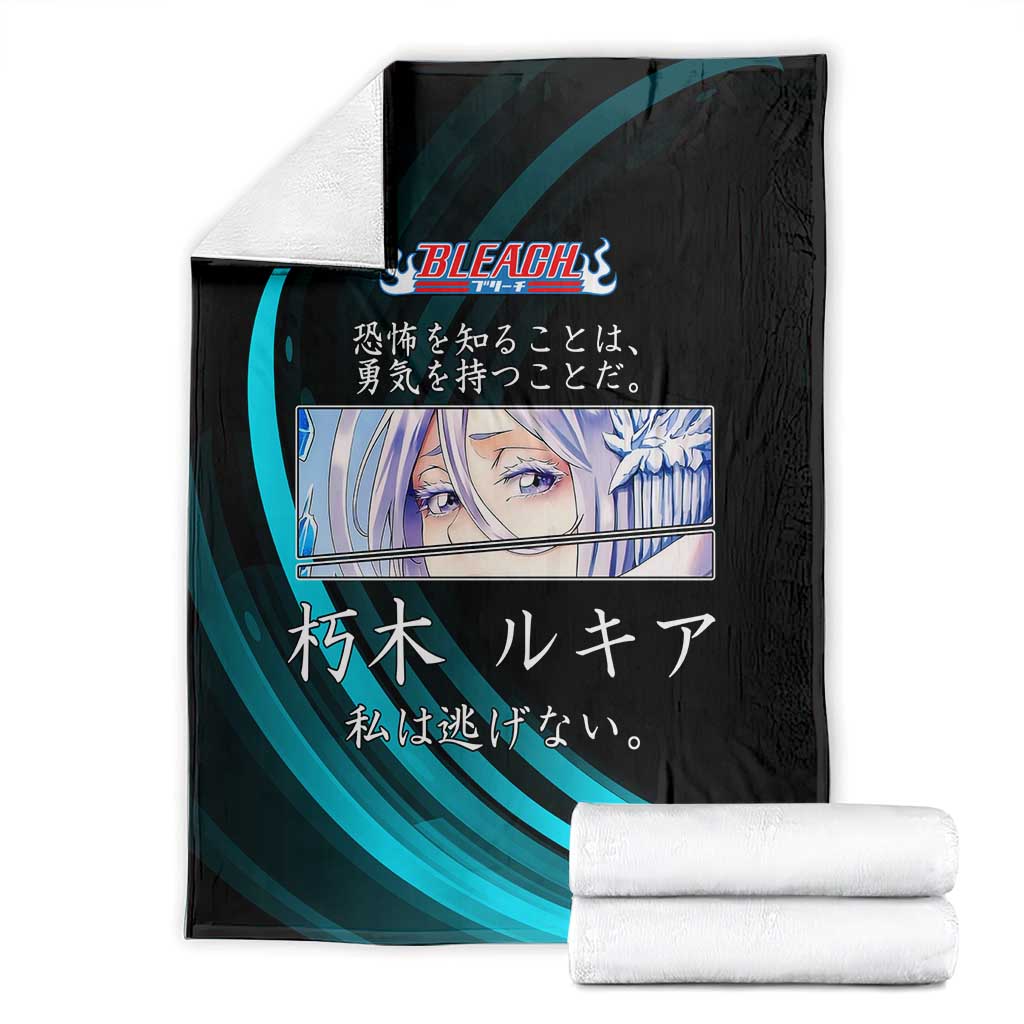 Rukia Kuchiki Bleach Anime Black and Teal Theme Blanket with Zanpakuto Pose and Japanese Quote Design - The Mazicc