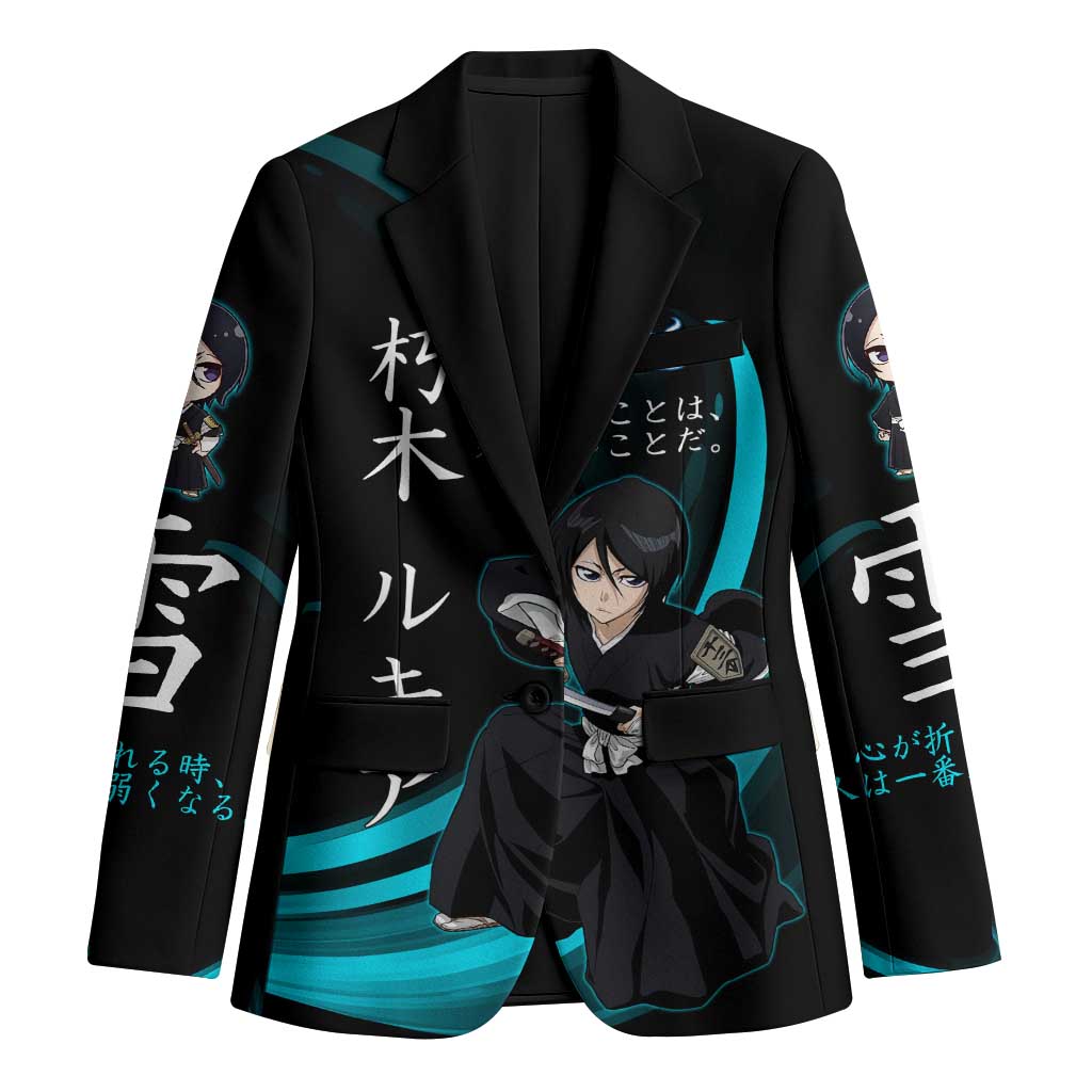 Rukia Kuchiki Bleach Anime Black and Teal Theme Blazer with Zanpakuto Pose and Japanese Quote Design - The Mazicc