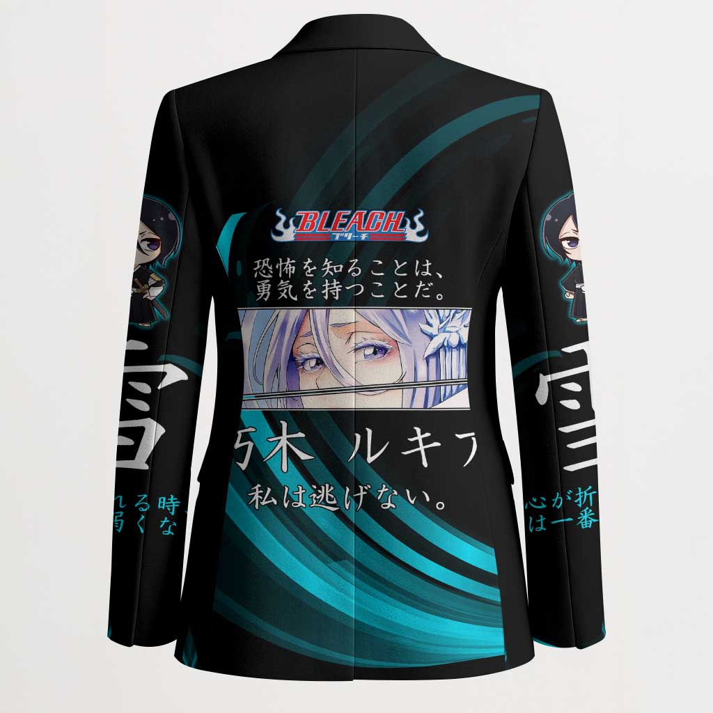Rukia Kuchiki Bleach Anime Black and Teal Theme Blazer with Zanpakuto Pose and Japanese Quote Design - The Mazicc
