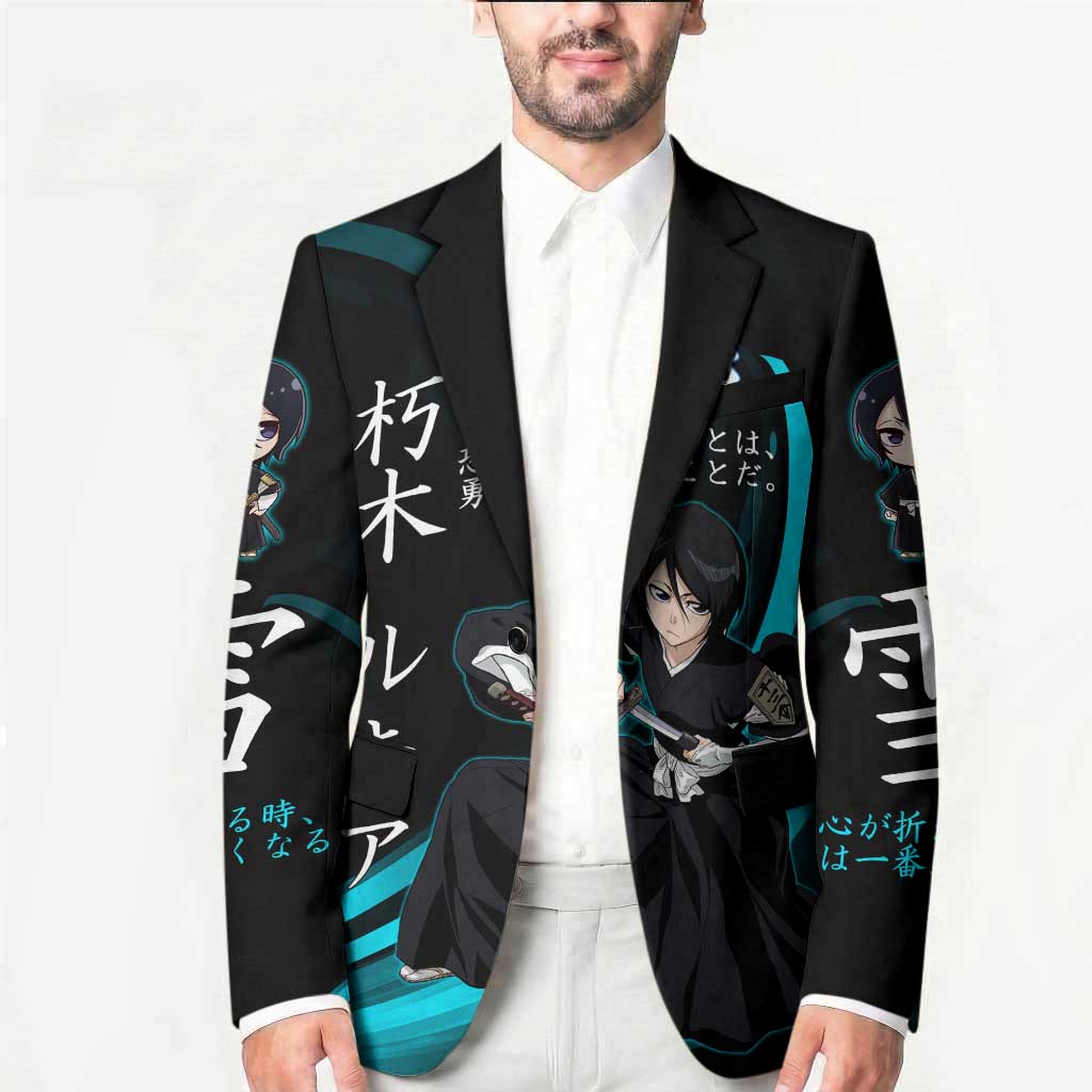 Rukia Kuchiki Bleach Anime Black and Teal Theme Blazer with Zanpakuto Pose and Japanese Quote Design - The Mazicc