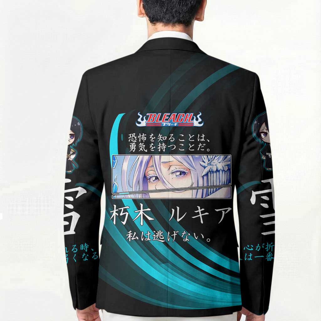 Rukia Kuchiki Bleach Anime Black and Teal Theme Blazer with Zanpakuto Pose and Japanese Quote Design - The Mazicc