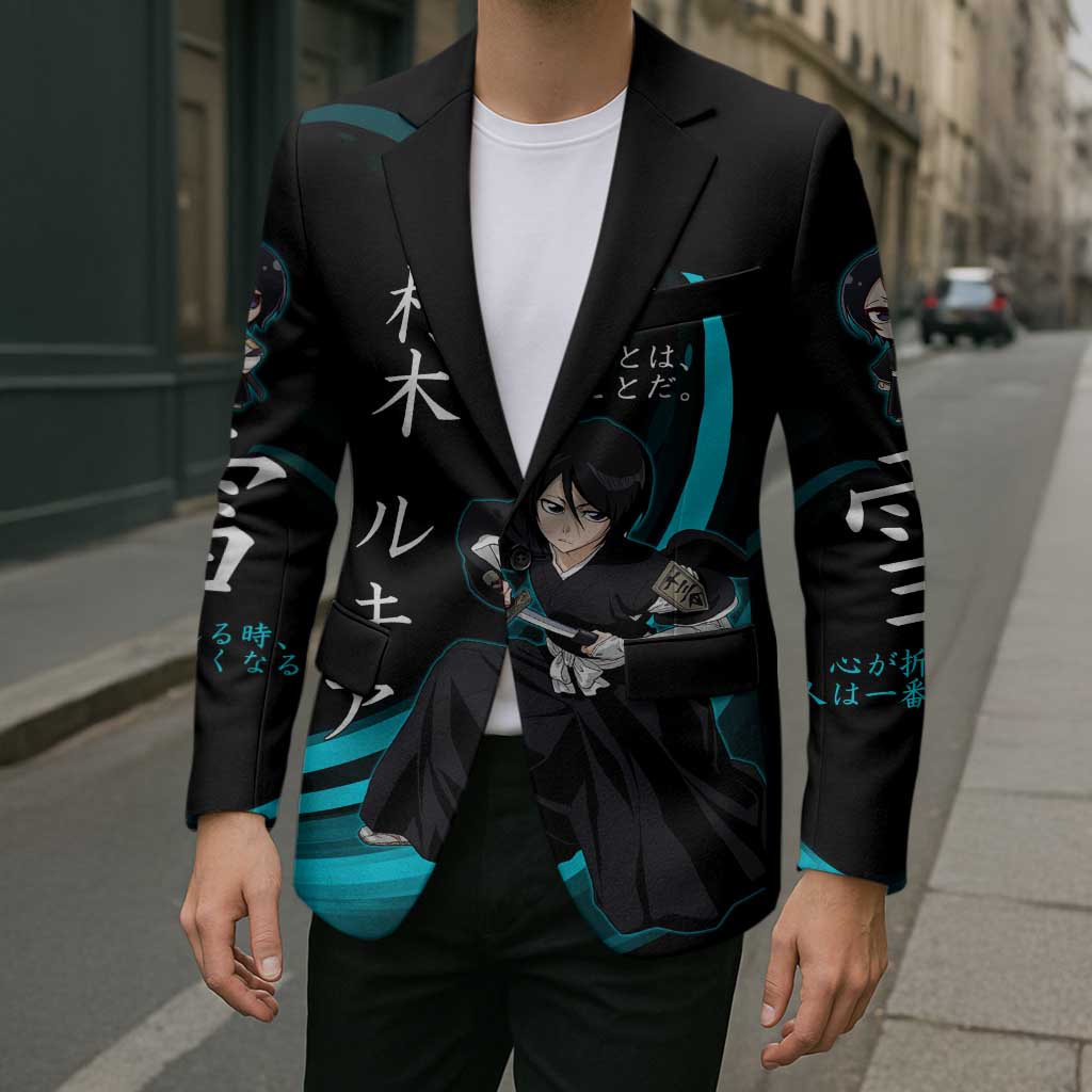 Rukia Kuchiki Bleach Anime Black and Teal Theme Blazer with Zanpakuto Pose and Japanese Quote Design - The Mazicc