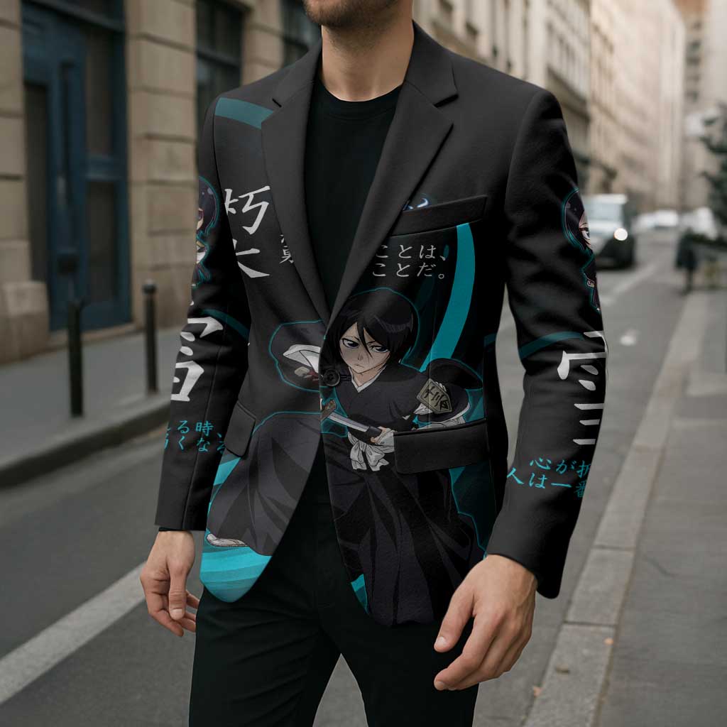 Rukia Kuchiki Bleach Anime Black and Teal Theme Blazer with Zanpakuto Pose and Japanese Quote Design - The Mazicc