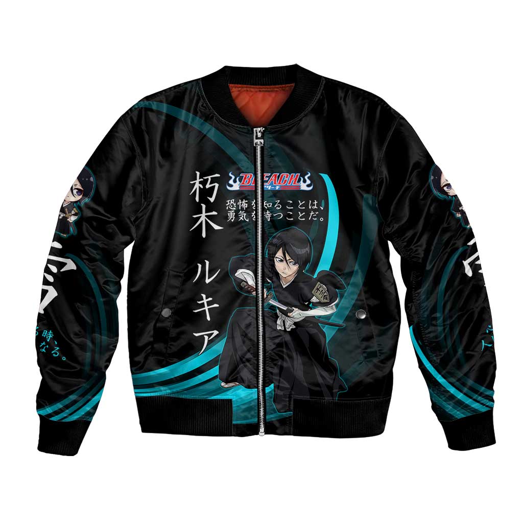 Rukia Kuchiki Bleach Anime Black and Teal Theme Bomber Jacket with Zanpakuto Pose and Japanese Quote Design - The Mazicc