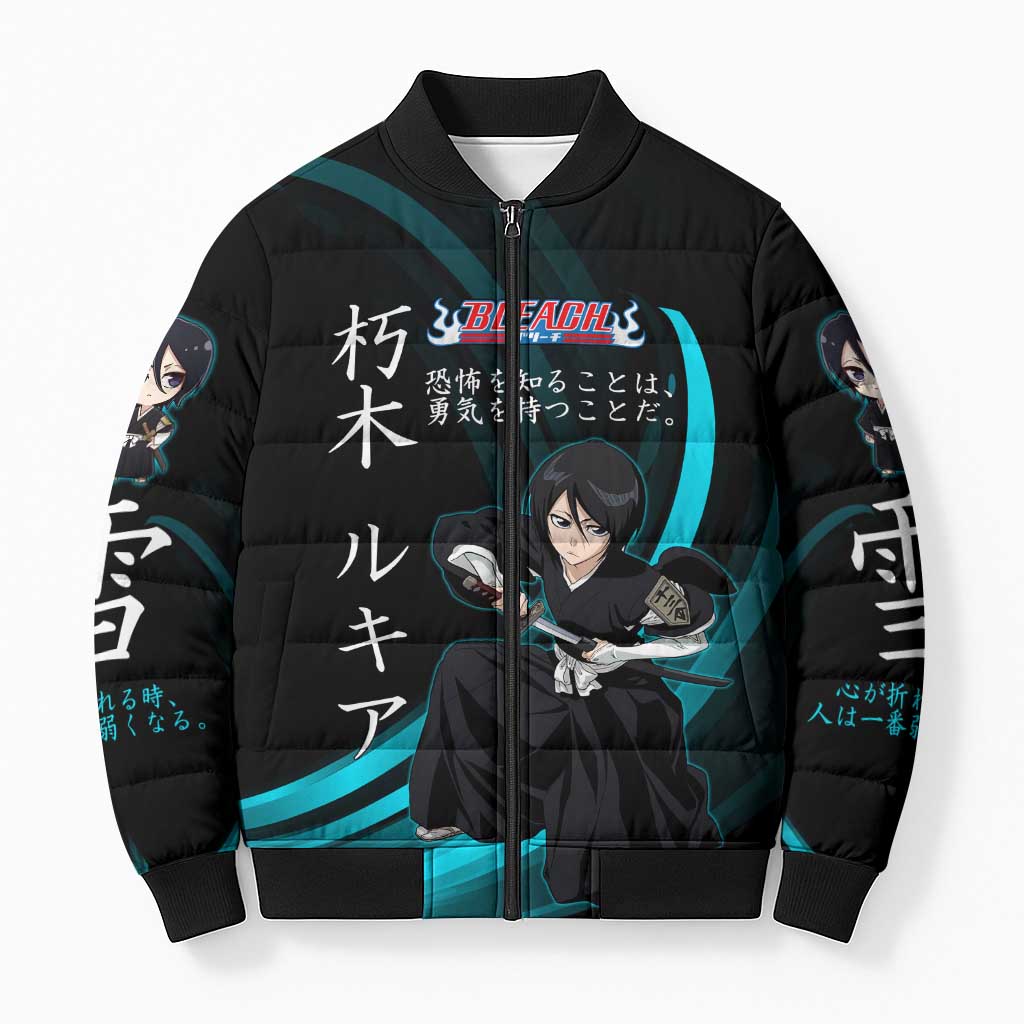 Rukia Kuchiki Bleach Anime Black and Teal Theme Bomber Puffer Jacket with Zanpakuto Pose and Japanese Quote Design - The Mazicc