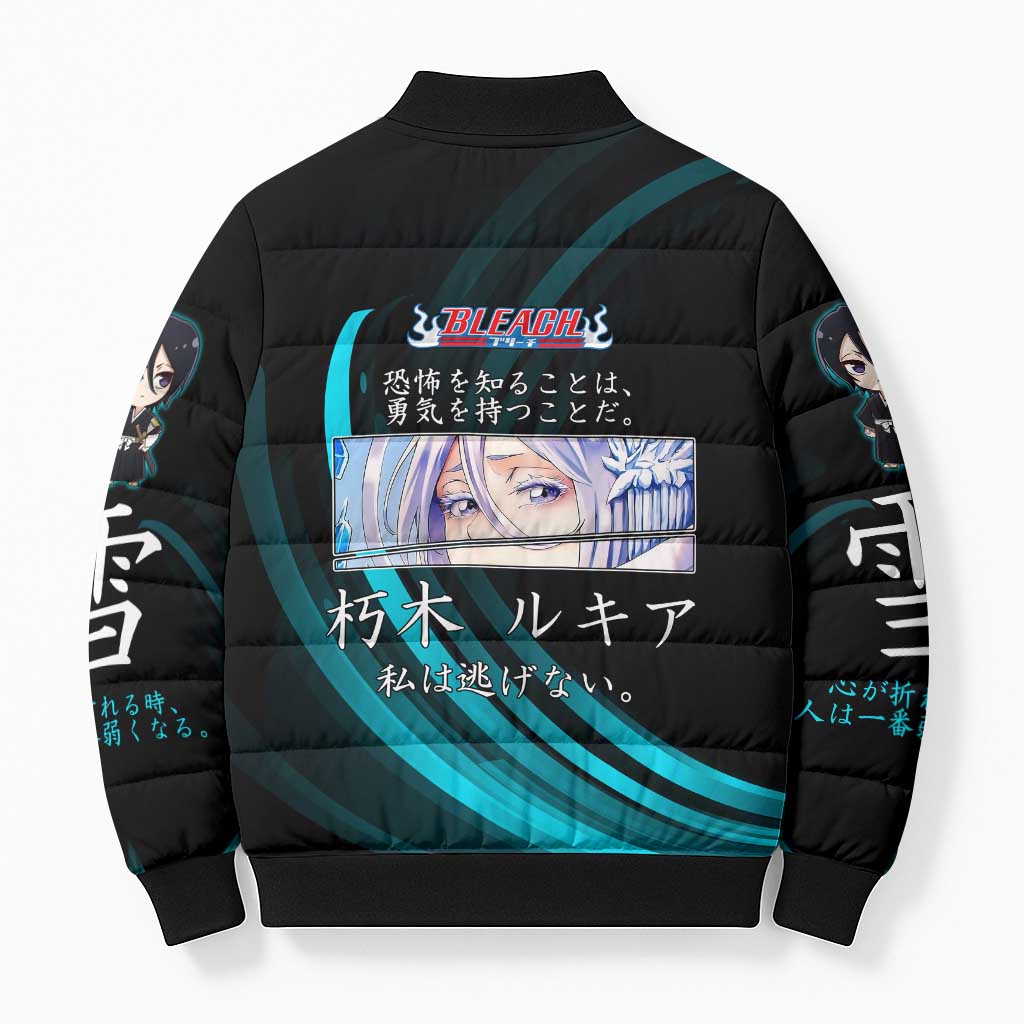 Rukia Kuchiki Bleach Anime Black and Teal Theme Bomber Puffer Jacket with Zanpakuto Pose and Japanese Quote Design - The Mazicc